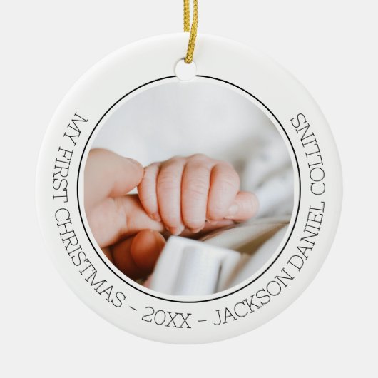 Eerste Kerst Modern Eenvoudige Baby 2 Foto Pasgebo Keramisch Ornament (Voorkant)