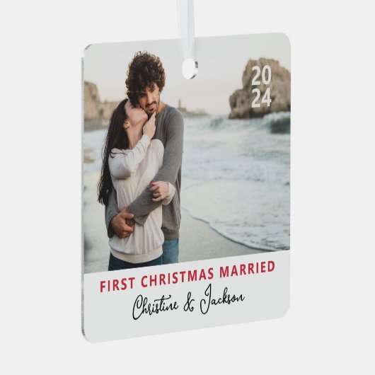 Eerste kerst | Modern trendy paar foto ontmoet Metalen Ornament (Voorkant Rechts)