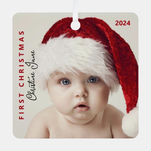 Eerste kerst | Moderne trendy Baby-foto ontmoet Metalen Ornament (Voorkant)