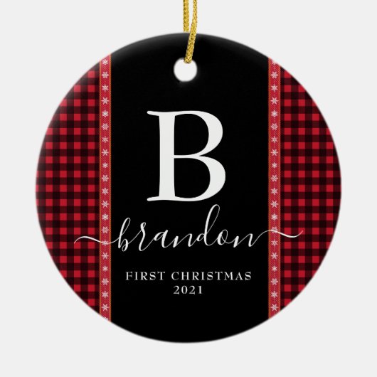 Eerste kerst monogram baby naam Buffalo Plaid  Keramisch Ornament (Voorkant)