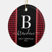 Eerste kerst monogram baby naam Buffalo Plaid  Keramisch Ornament (Links)