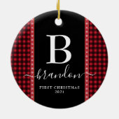 Eerste kerst monogram baby naam Buffalo Plaid  Keramisch Ornament (Achterkant)
