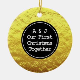 Eerste Kerst Monogram Initialen Faux Golden Folie Keramisch Ornament