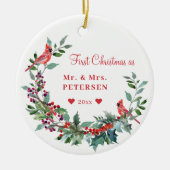 Eerste kerst Mr en Mrs bloemrijke elegante foto Keramisch Ornament (Voorkant)