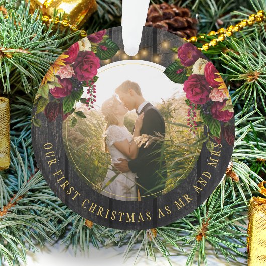 Eerste kerst Mr en Mrs floral rustieke foto Ornament