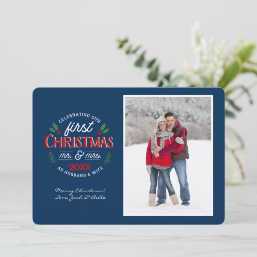 Eerste kerst Mr & Mrs Circle 1 foto | Feestdagenkaart (Staand voorkant)