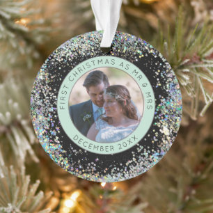 Eerste kerst Mr. Mrs Fotonaam Faux Glitter Ornament