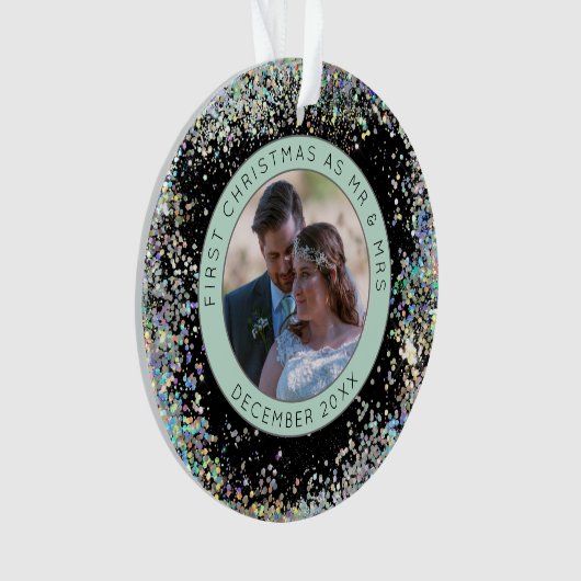 Eerste kerst Mr. Mrs Fotonaam Faux Glitter Ornament (voorkant)