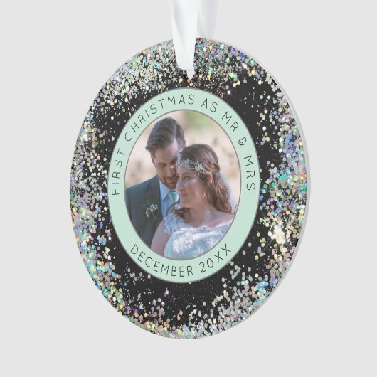 Eerste kerst Mr. Mrs Fotonaam Faux Glitter Ornament (voorkant)