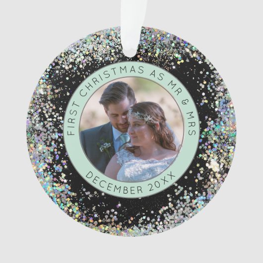 Eerste kerst Mr. Mrs Fotonaam Faux Glitter Ornament (voorkant)