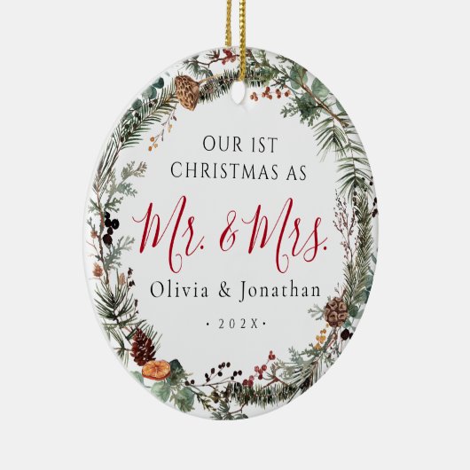 Eerste kerst Mr. & Mrs. Greenery krans foto Keramisch Ornament (Rechts)