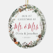 Eerste kerst Mr. & Mrs. Greenery krans foto Keramisch Ornament (Links)