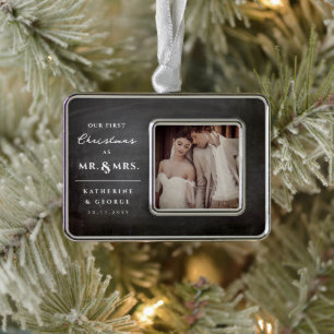 Eerste kerst Mr & Mrs Wedding schoolbord Foto Verzilverd Omlijst Ornament