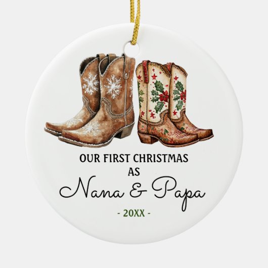 Eerste kerst Nana en Papa Cowboy laarzen Keramisch Ornament (Voorkant)