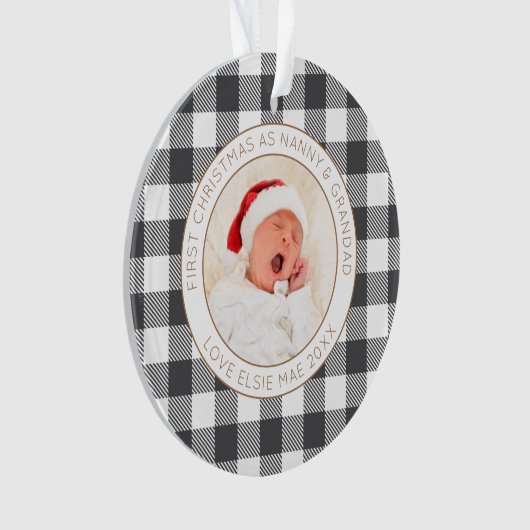 Eerste kerst nanny opa foto naam plaid ornament (voorkant)