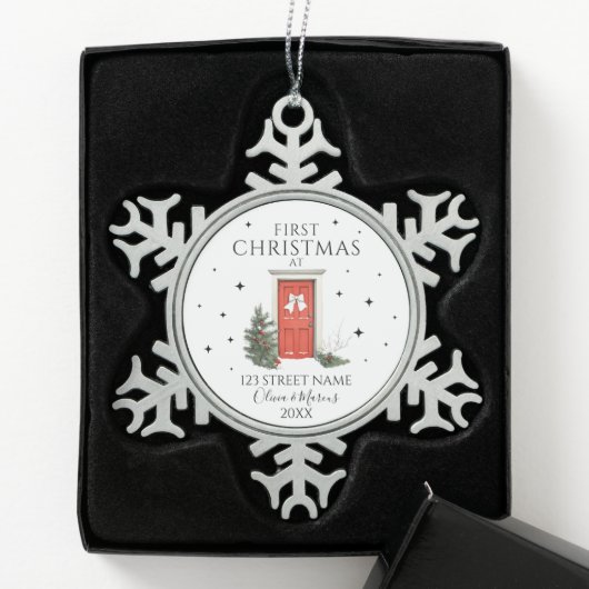 Eerste kerst Nieuw Home Adres Aangepaste Ornamente Tin Sneeuwvlok Ornament (Kistje)