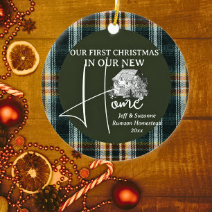 Eerste kerst Nieuwe Home Cottage plaid FOTO Keramisch Ornament