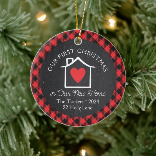 Eerste kerst Nieuwe Home Heart Plaid Krijtbord Keramisch Ornament (Boom)