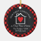 Eerste kerst Nieuwe Home Heart Plaid Krijtbord Keramisch Ornament (Voorkant)