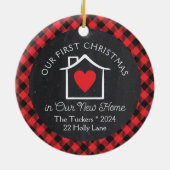 Eerste kerst Nieuwe Home Heart Plaid Krijtbord Keramisch Ornament (Achterkant)