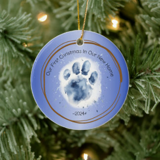 Eerste kerst Nieuwe Home poot print quote blauw Keramisch Ornament