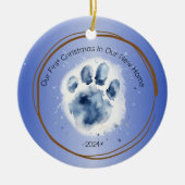 Eerste kerst Nieuwe Home poot print quote blauw Keramisch Ornament (Voorkant)