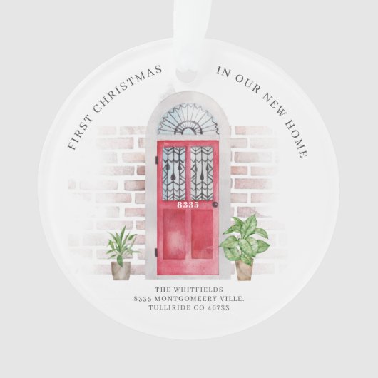 Eerste kerst Nieuwe Home Red Door Chic Feestdagen Ornament (voorkant)