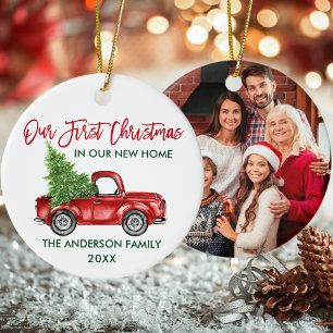 Eerste kerst Nieuwe Home Rode Vrachtwagen FOTO Keramisch Ornament