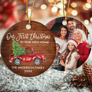 Eerste kerst Nieuwe Home Truck Hout FOTO Keramisch Ornament