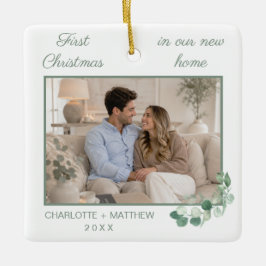 Eerste kerst nieuwe thuis foto witte groenvoorzien keramisch ornament