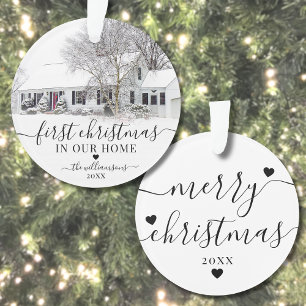 Eerste kerst nieuwe thuis script foto ornament