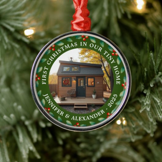 Eerste kerst op onze Tiny Home foto Metalen Ornament (Boom)