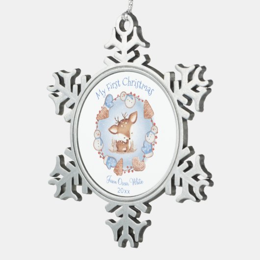 Eerste Kerst Ornament Baby Boy Blauw Beige (Rechts)