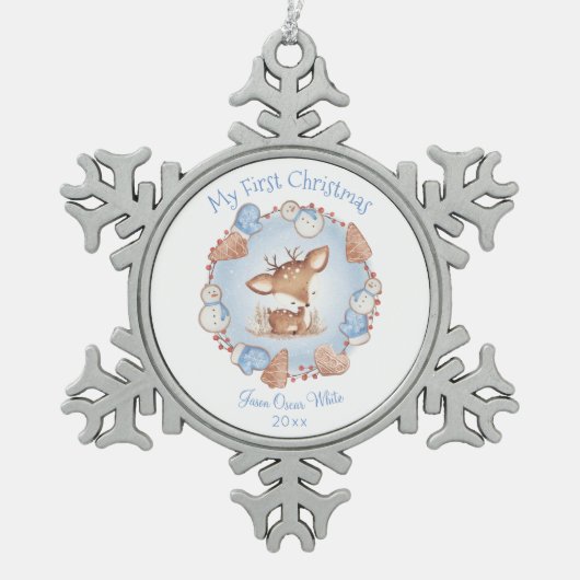 Eerste Kerst Ornament Baby Boy Blauw Beige (Voorkant)