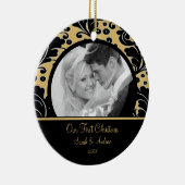 Eerste Kerst Ornament Foto Goud & Zwart Damask (Rechts)