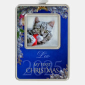 Eerste kerst Pet Foto Keepsake, Blauw Decor - Verzilverd Omlijst Ornament (Voorkant)