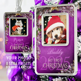Eerste kerst Pet Foto Keepsake, Paarse Decor - Verzilverd Omlijst Ornament