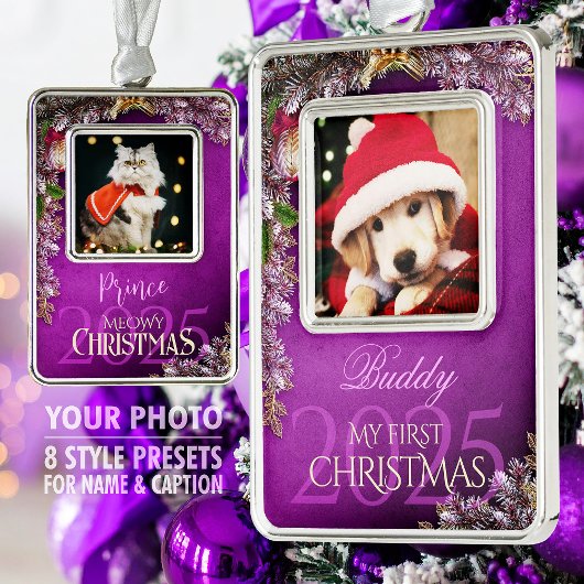 Eerste kerst Pet Foto Keepsake, Paarse Decor - Verzilverd Omlijst Ornament