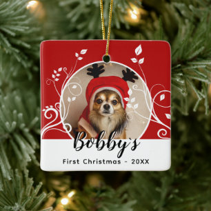 Eerste Kerst Puppy Loof Naam Hond Foto Rood Keramisch Ornament