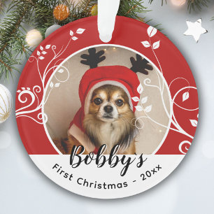 Eerste Kerst Puppy Loof Naam Hond Foto Rood Ornament
