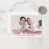 eerste kerst, rode kalligrafie, feestfoto notitiekaartje (Voorkant / Achterkant in situ)