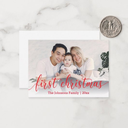 eerste kerst, rode kalligrafie, feestfoto notitiekaartje (Voorkant / Achterkant in situ)