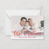 eerste kerst, rode kalligrafie, feestfoto notitiekaartje (Voorkant)