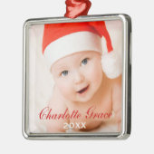 Eerste kerst Rode Script Monogram Baby Foto Metalen Ornament (Links)