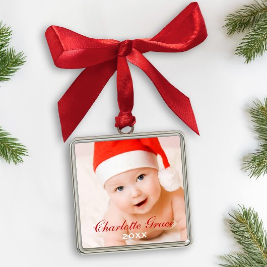 Eerste kerst Rode Script Monogram Baby Foto Metalen Ornament