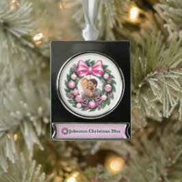 Eerste kerst roze krans verzilverd banner ornament