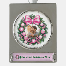 Eerste kerst roze krans verzilverd banner ornament