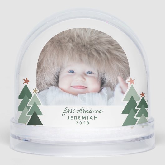 Eerste kerst rustieke bomen 2 foto's sneeuwbol (Voorkant)