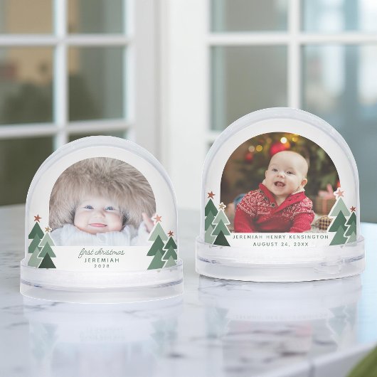 Eerste kerst rustieke bomen 2 foto's sneeuwbol