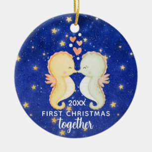 Eerste kerst samen aangepaste zeepaardjes paar keramisch ornament